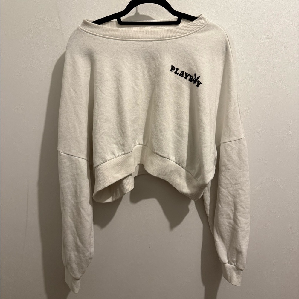 ❤️PLAYBOY Women's Off-White Cropped Hoodie